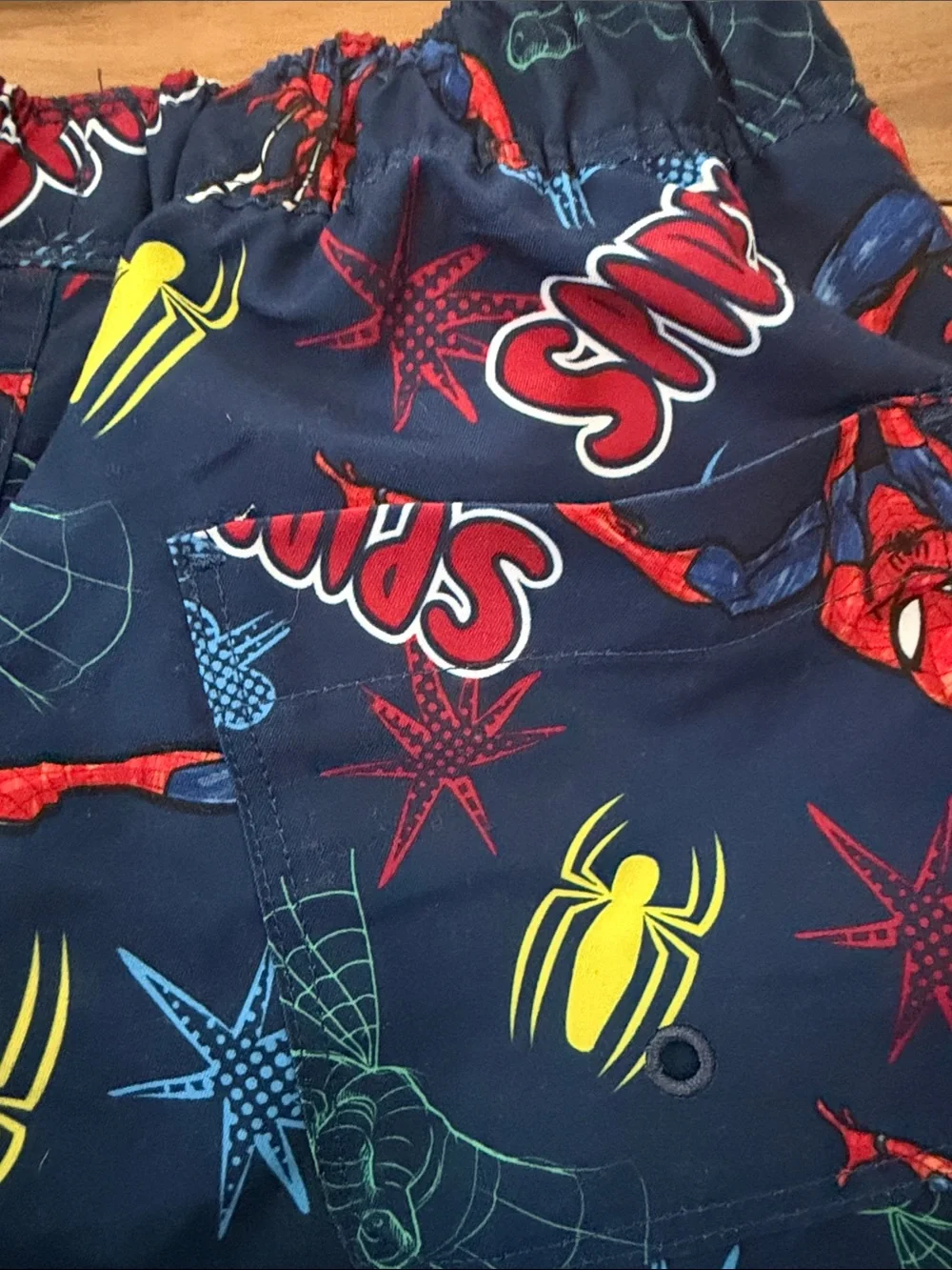 Marvel Boys Navy Blue Spider-Man Swim Trunks with Red and Yellow Accents